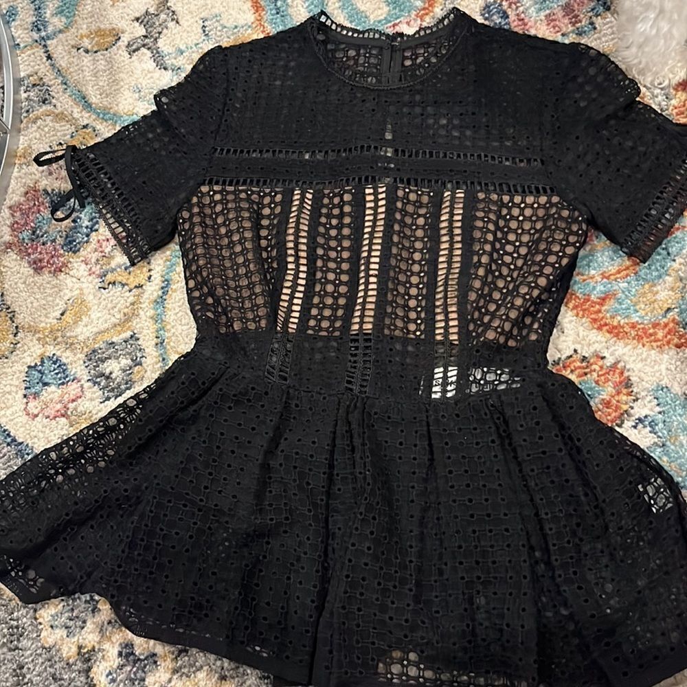 Black Self Portrait Eyelet Peplum Top - Picture 5 of 12